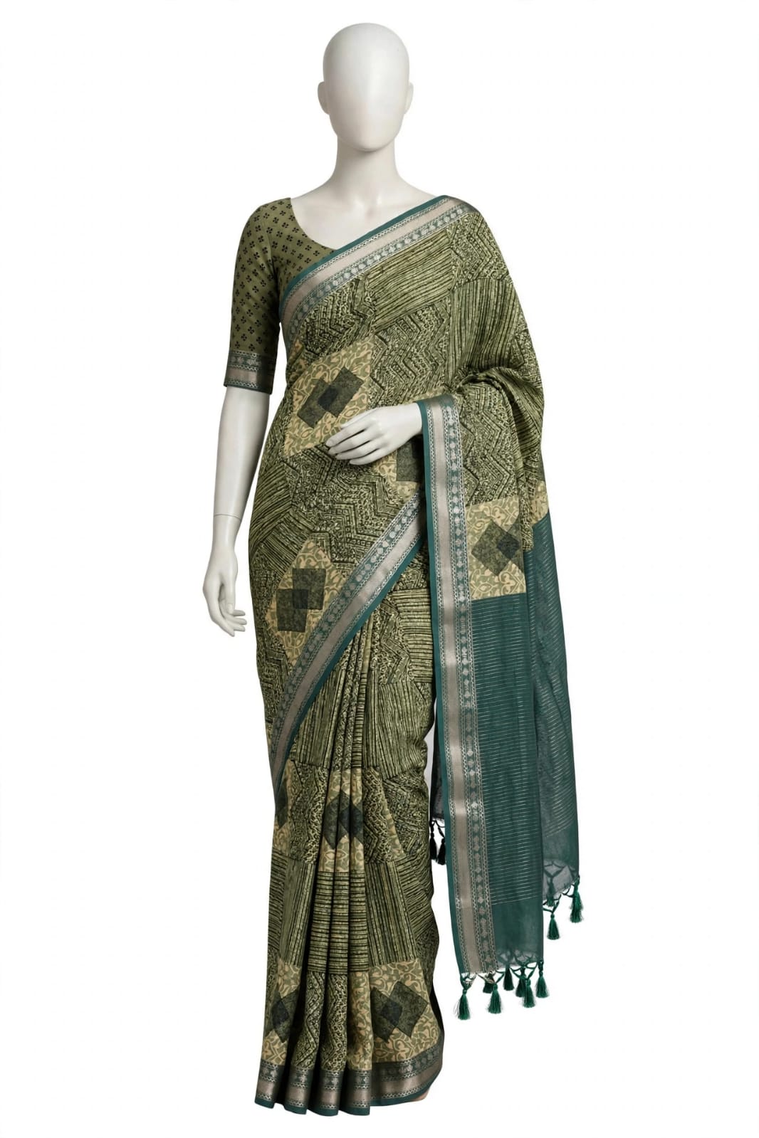 Olive Green & Beige Geometric Block-Printed Cotton Silk Saree with Unstitched Blouse
