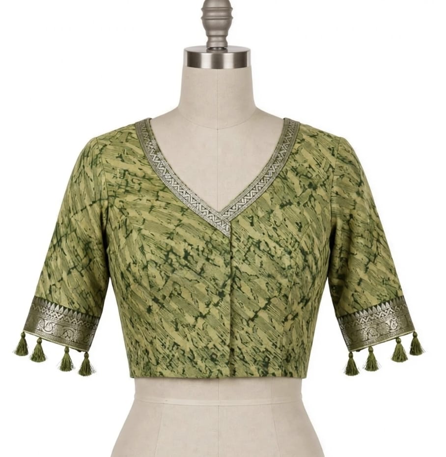 Olive Green Abstract Block-Printed Cotton Silk Saree with Unstitched Blouse