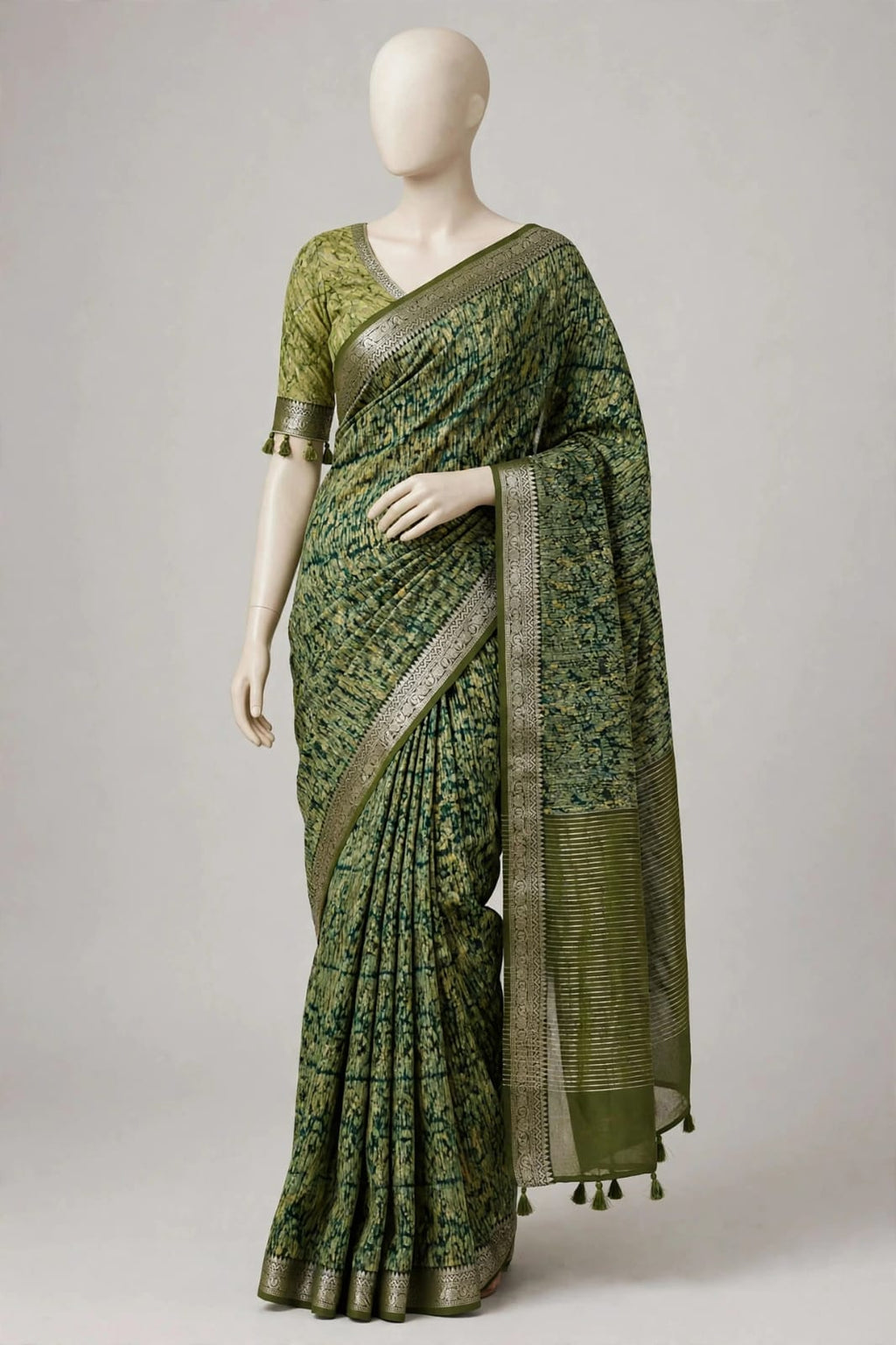 Olive Green Abstract Block-Printed Cotton Silk Saree with Unstitched Blouse