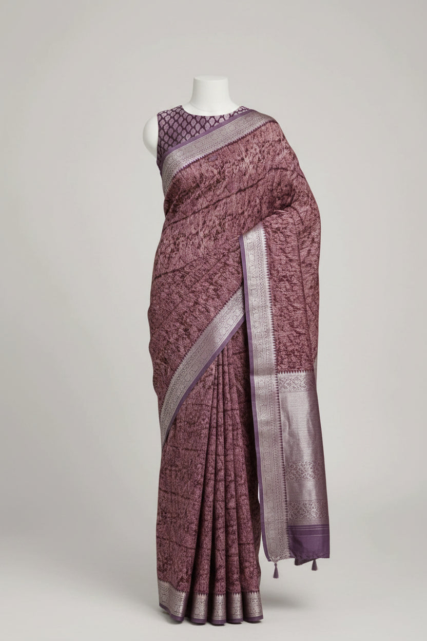Rich Plum Abstract Block-Printed Cotton Silk Saree with Unstitched Blouse