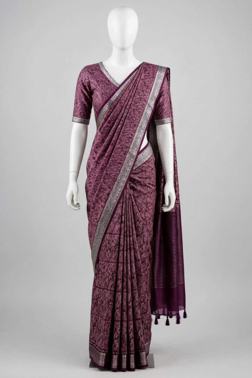 Rich Plum Abstract Block-Printed Cotton Silk Saree with Unstitched Blouse