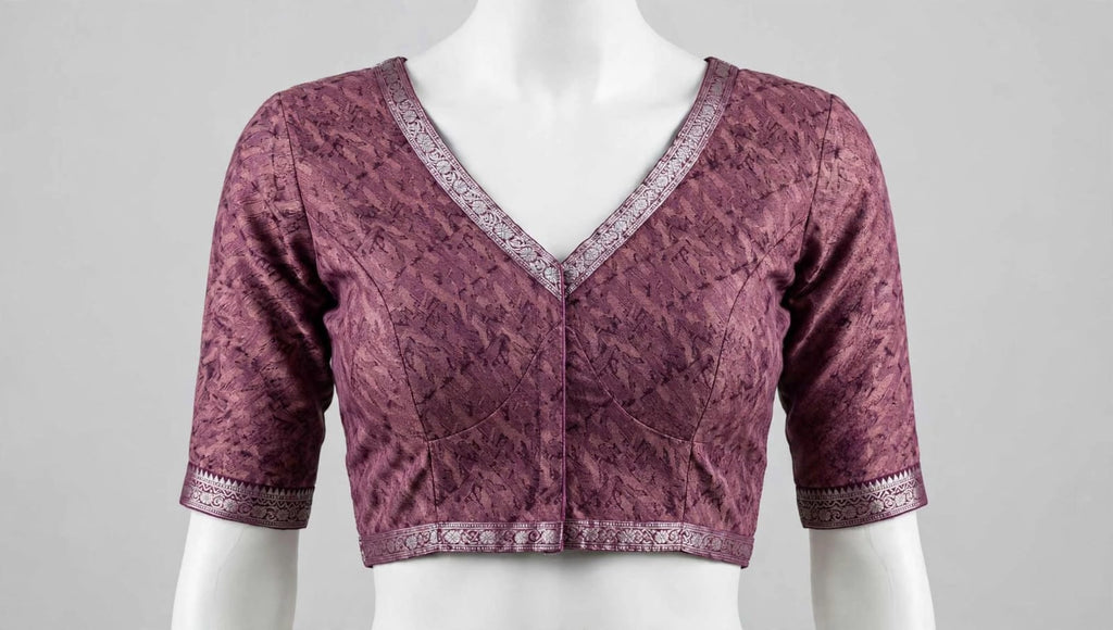 Rich Plum Abstract Block-Printed Cotton Silk Saree with Unstitched Blouse