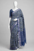 Slate Blue Abstract Block-Printed Cotton Silk Saree with Unstitched Blouse
