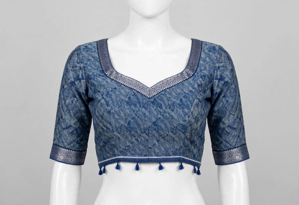 Slate Blue Abstract Block-Printed Cotton Silk Saree with Unstitched Blouse