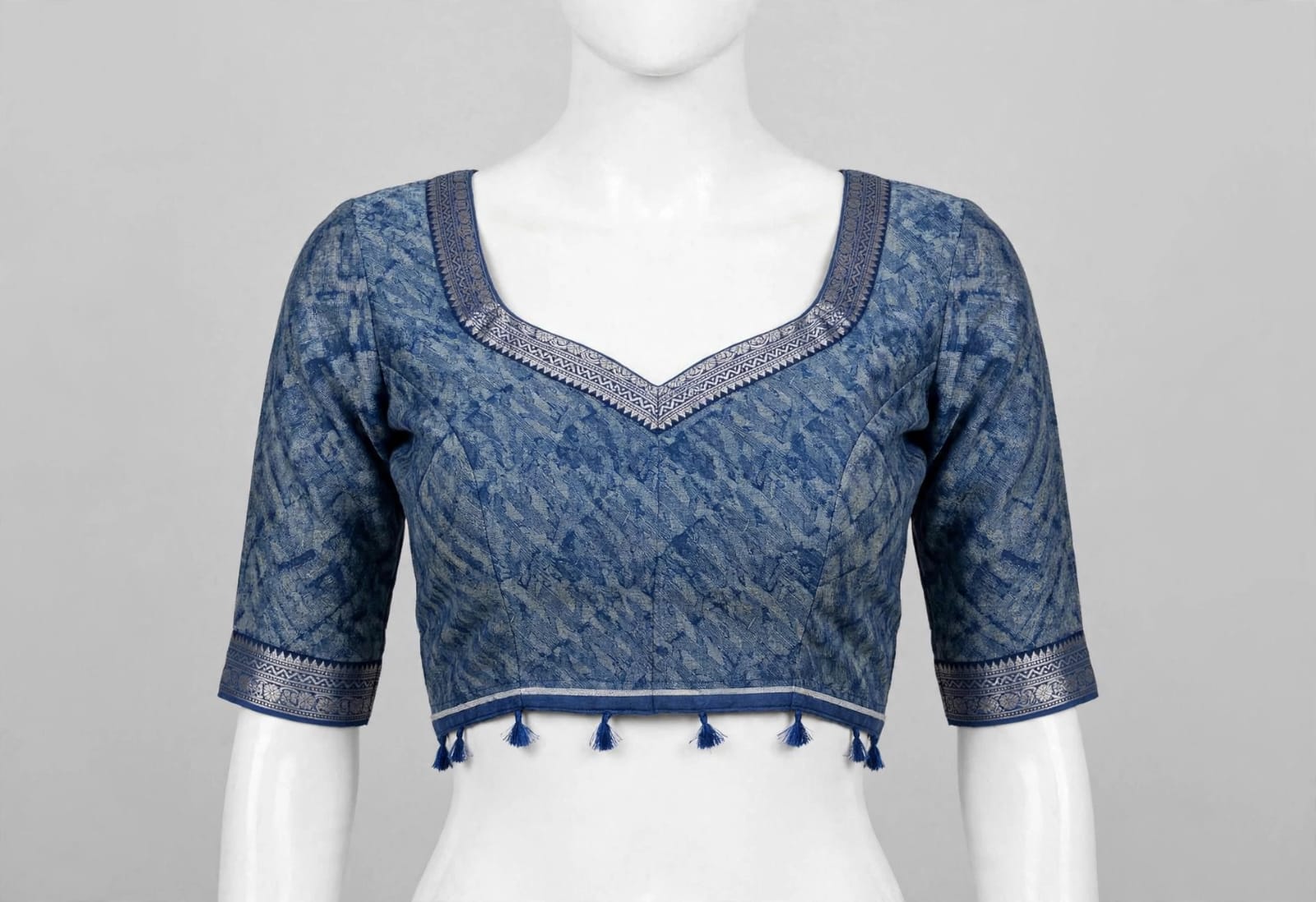 Slate Blue Abstract Block-Printed Cotton Silk Saree with Unstitched Blouse
