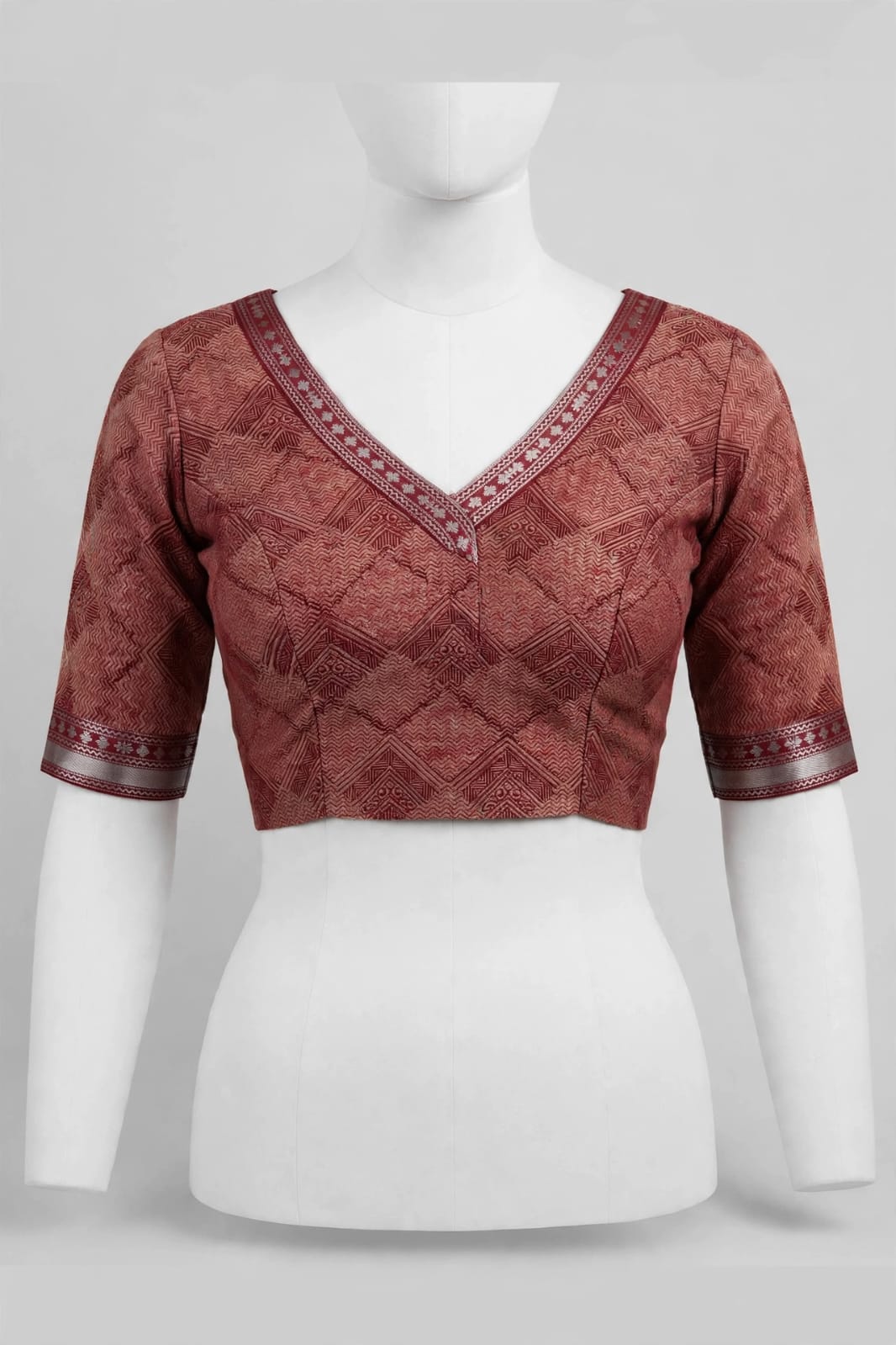 Maroon Patchwork Block-Printed Cotton Silk Saree with Unstitched Blouse