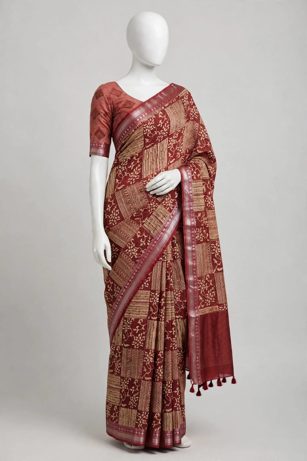 Maroon Patchwork Block-Printed Cotton Silk Saree with Unstitched Blouse