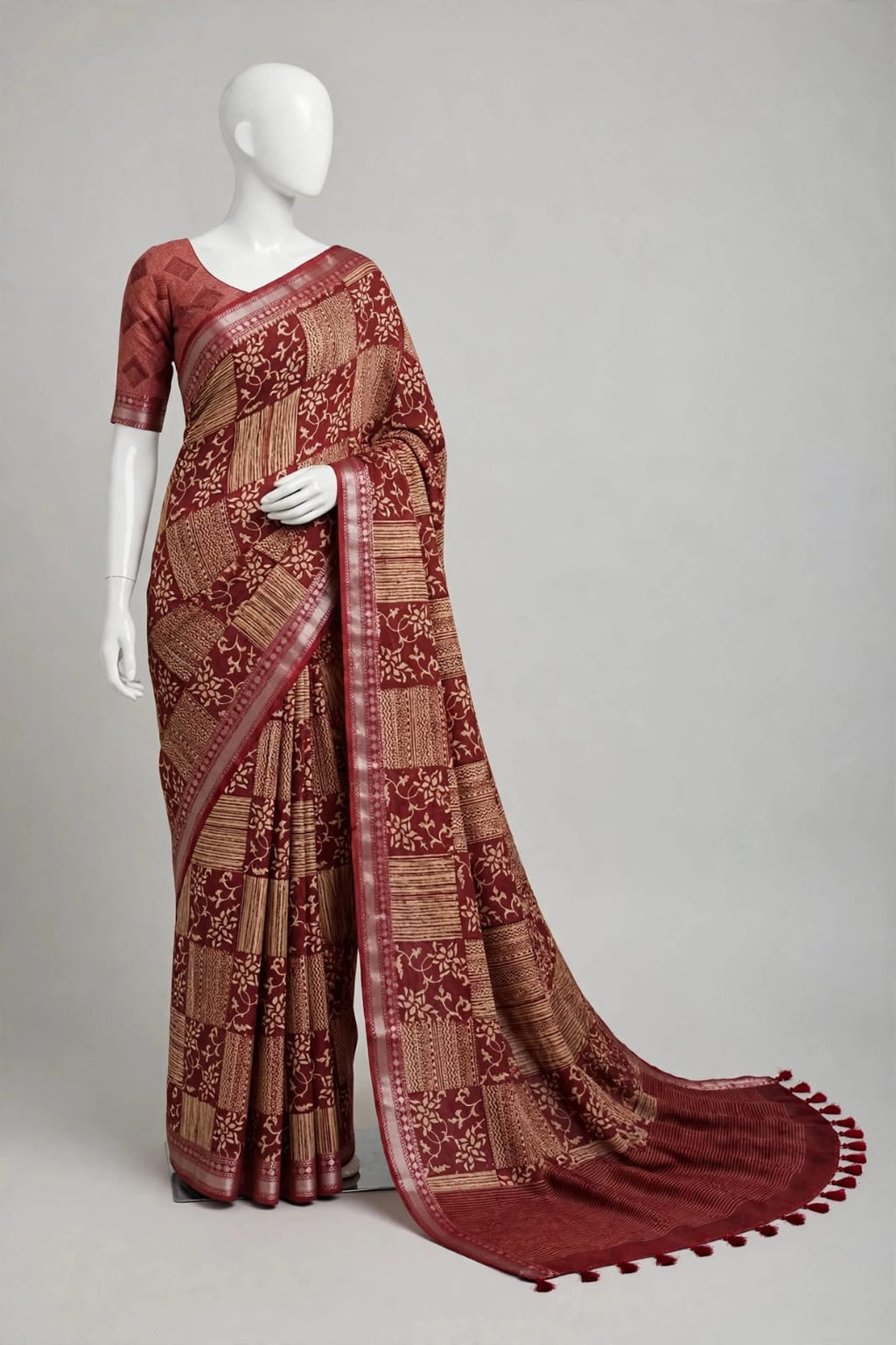 Maroon Patchwork Block-Printed Cotton Silk Saree with Unstitched Blouse