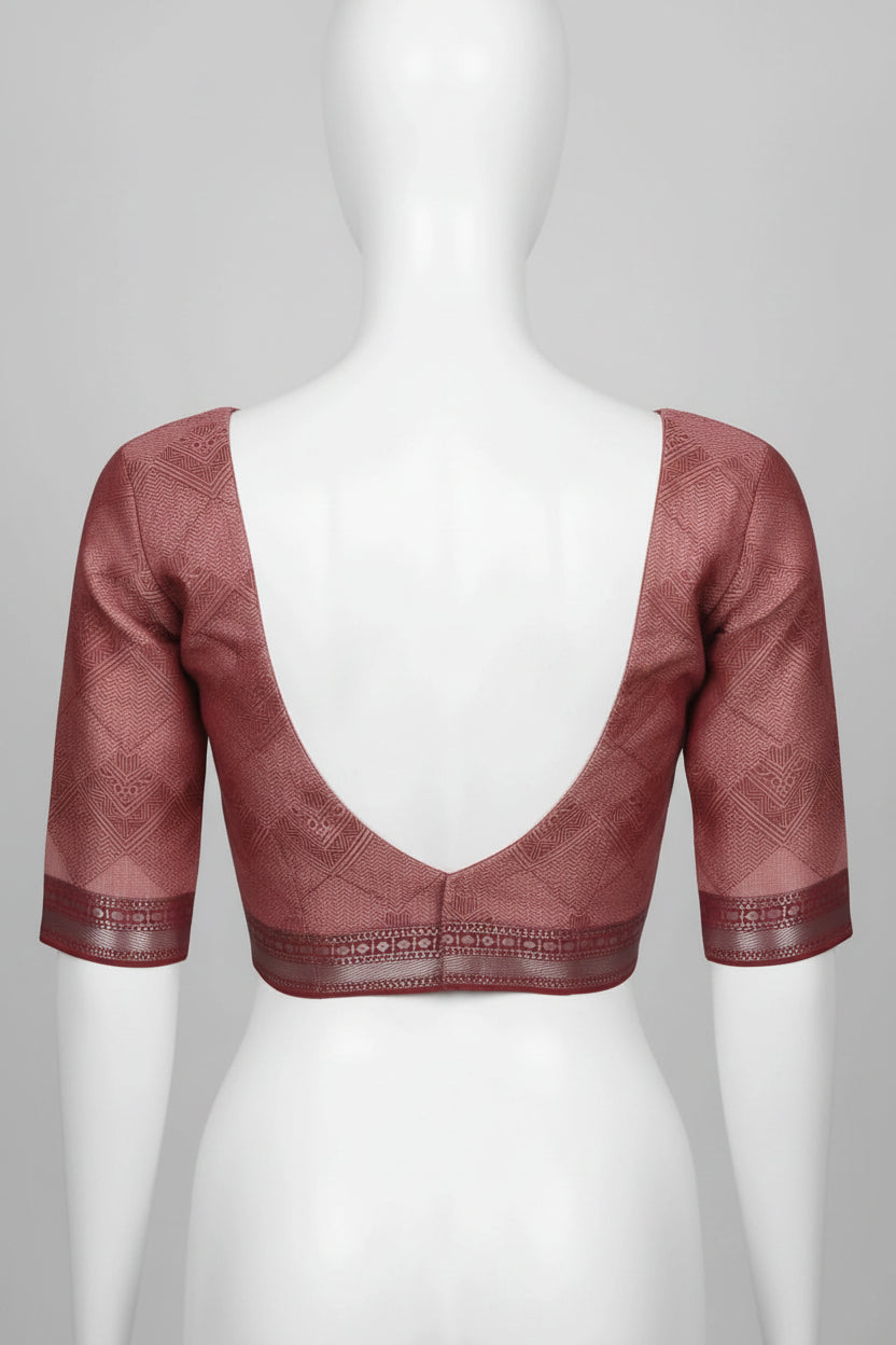 Maroon Patchwork Block-Printed Cotton Silk Saree with Unstitched Blouse