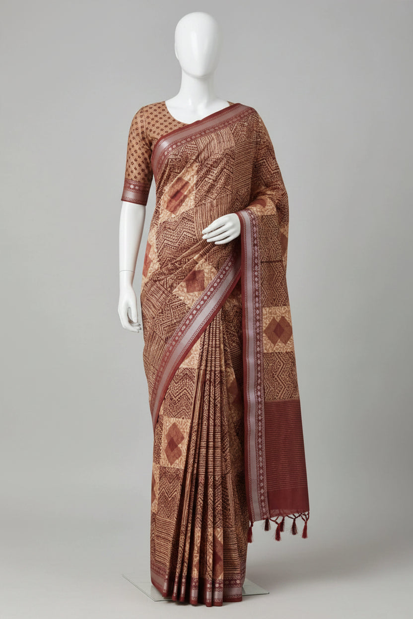 Warm Beige & Maroon Geometric Block-Printed Cotton Silk Saree with Unstitched Blouse