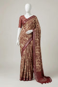 Beige & Maroon Floral Panel Block-Printed Cotton Silk Saree with Unstitched Blouse