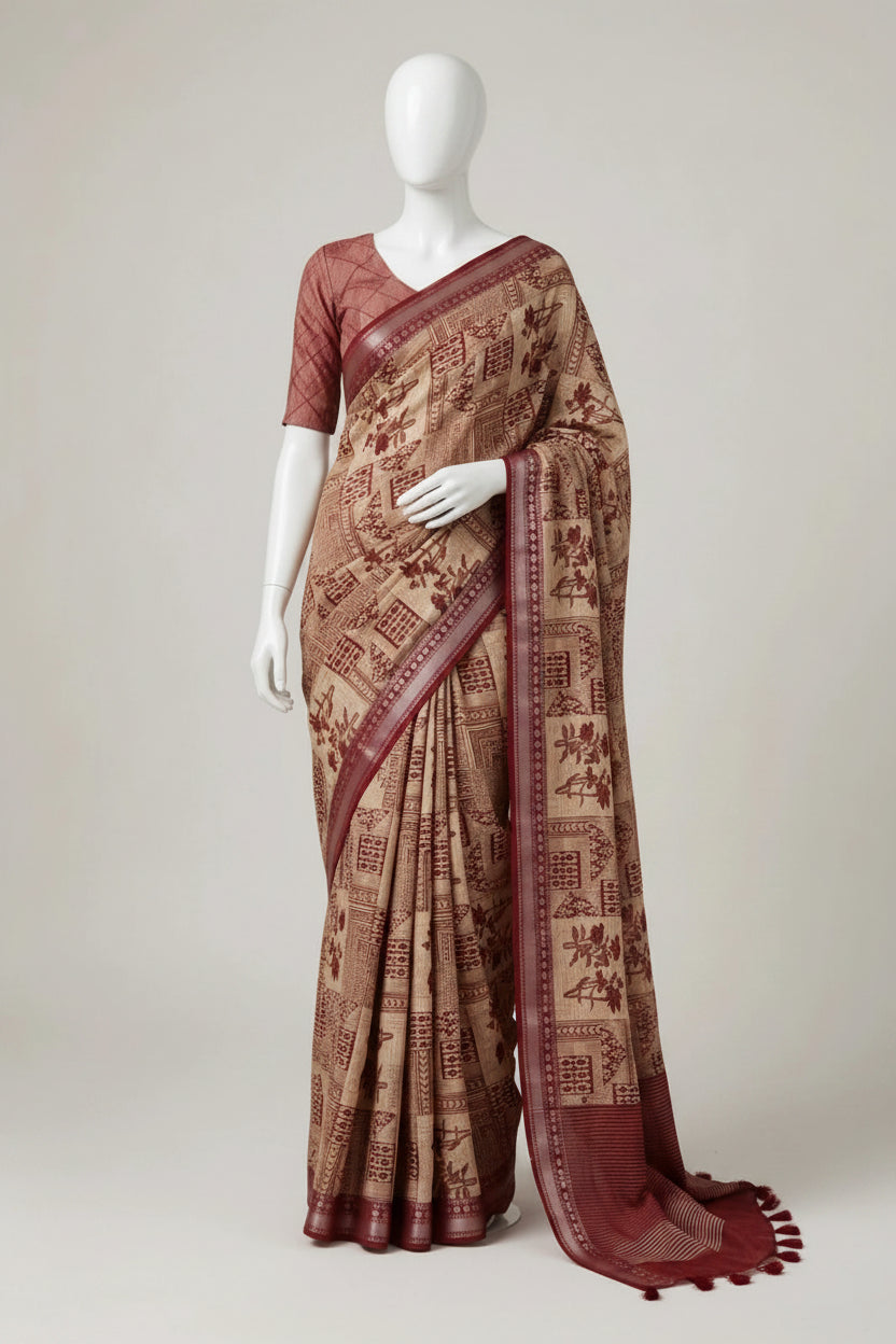 Beige & Maroon Floral Panel Block-Printed Cotton Silk Saree with Unstitched Blouse