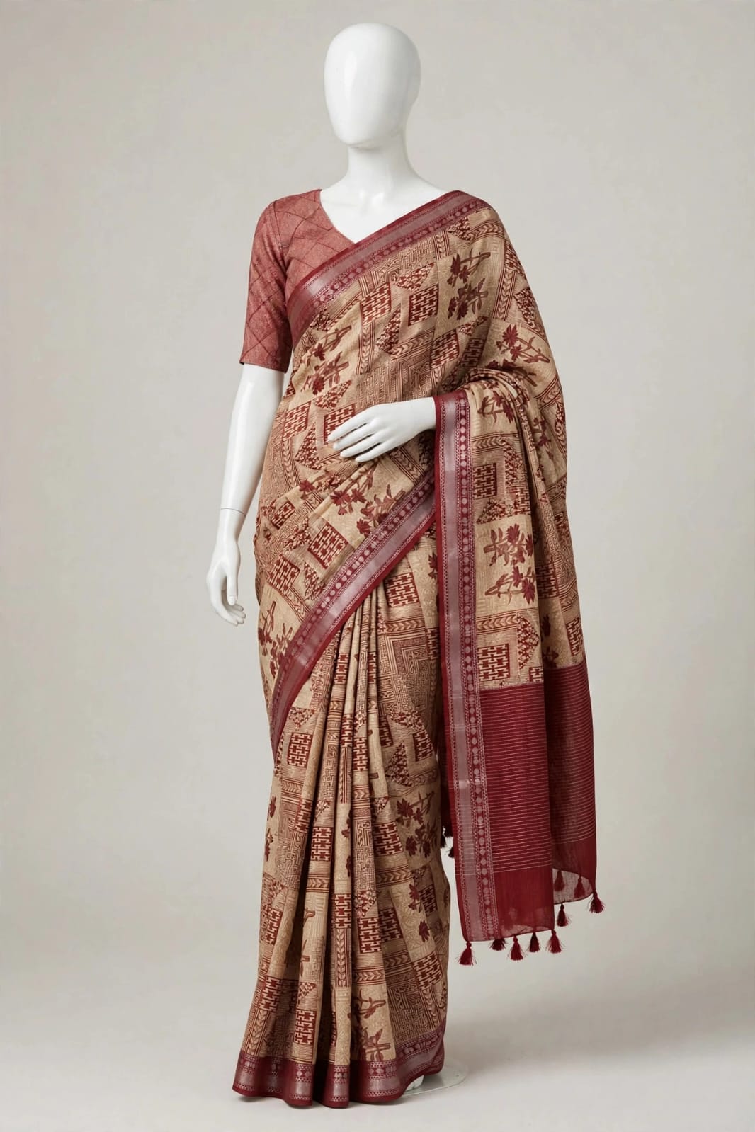 Beige & Maroon Floral Panel Block-Printed Cotton Silk Saree with Unstitched Blouse