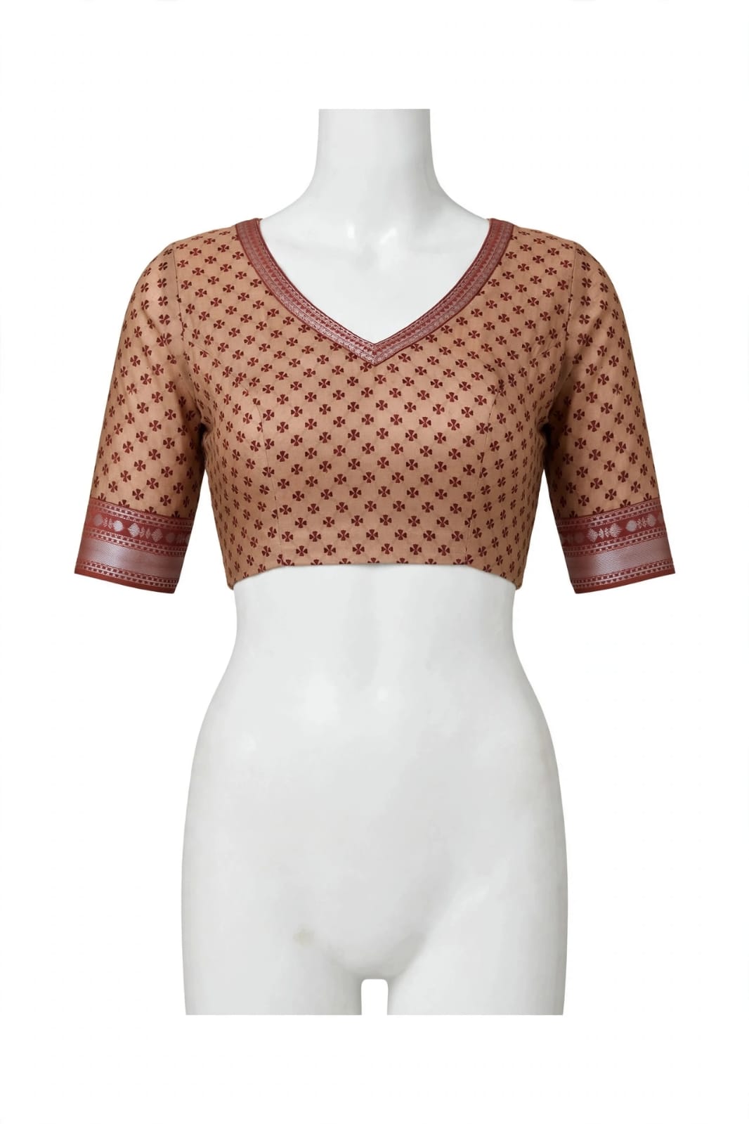 Warm Beige & Maroon Geometric Block-Printed Cotton Silk Saree with Unstitched Blouse