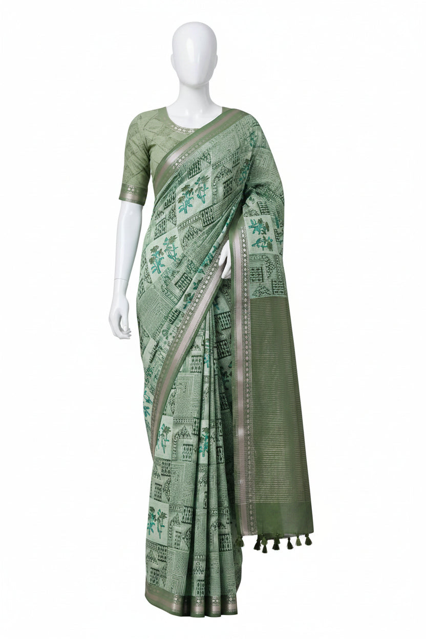 Olive Green & Sea Green Geometric Panel Block-Printed Cotton Silk Saree with Unstitched Blouse