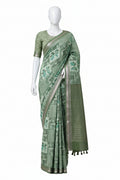 Olive Green & Sea Green Geometric Panel Block-Printed Cotton Silk Saree with Unstitched Blouse