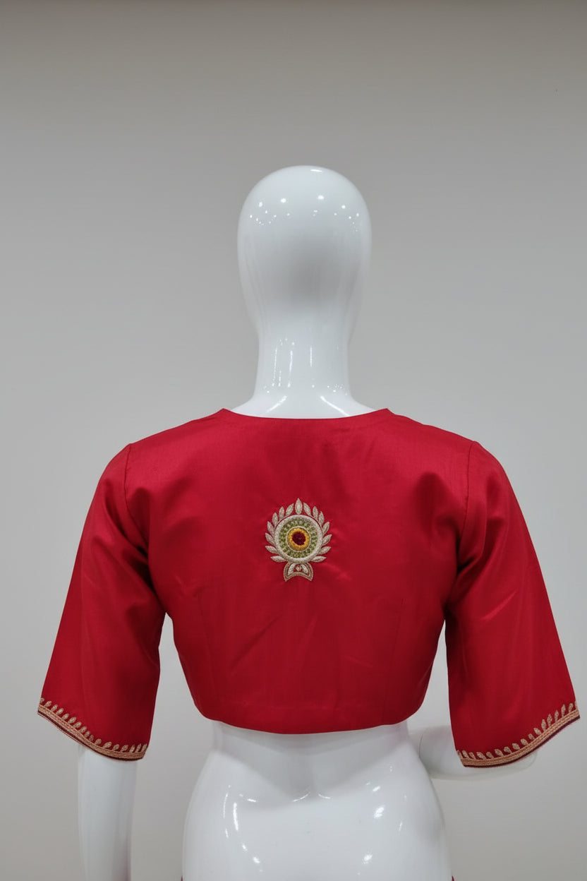 Crimson Blossom Embroidered Silk Blouse