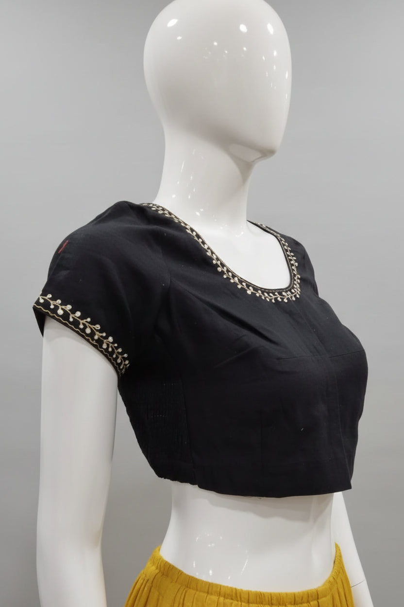 Midnight Noir Gold-Vine Cotton Silk Blouse