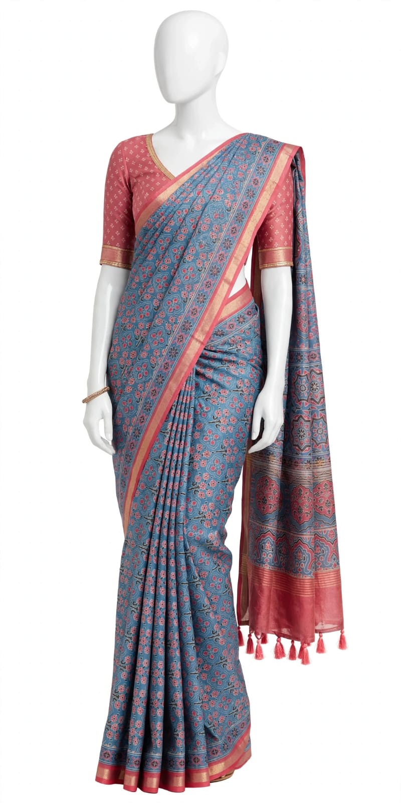 Dusty Blue Cotton Silk Tissue Saree with Coral Pink Floral Motifs and Tassels