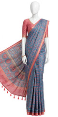 Dusty Blue Cotton Silk Tissue Saree with Coral Pink Floral Motifs and Tassels