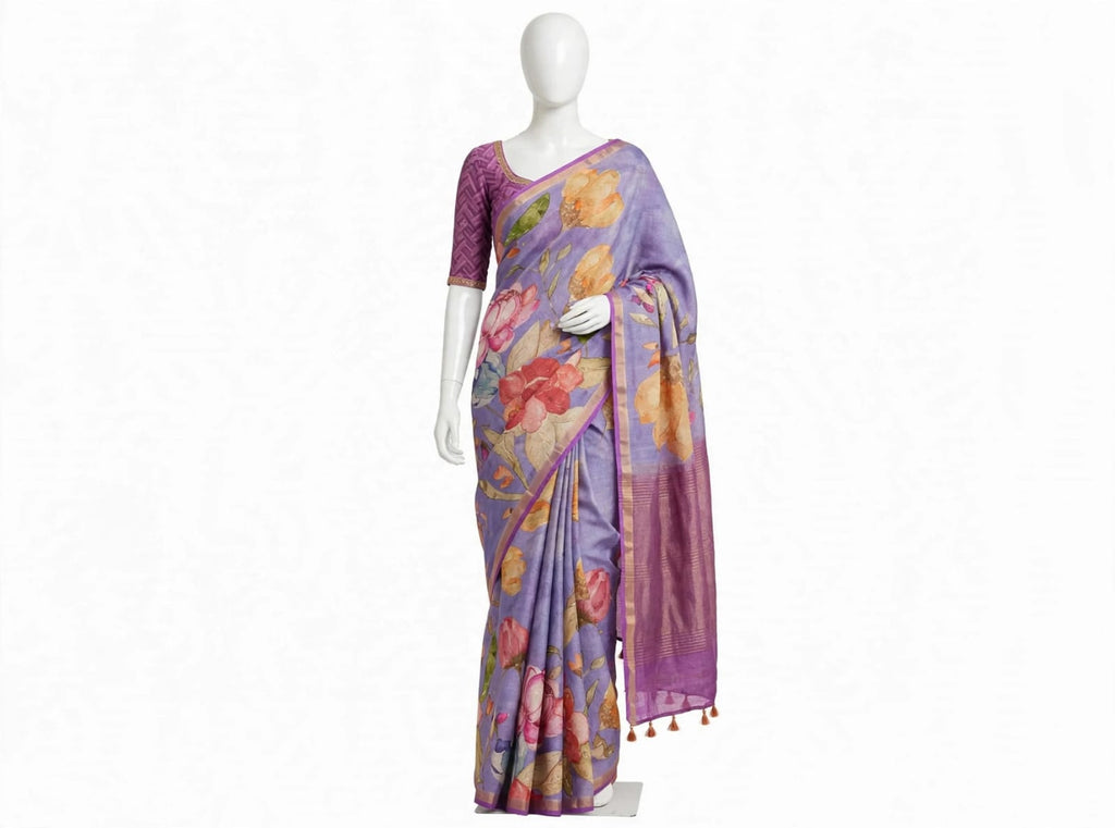 Lavender Cotton Silk Tissue Saree with Watercolor Floral Prints and Tassels
