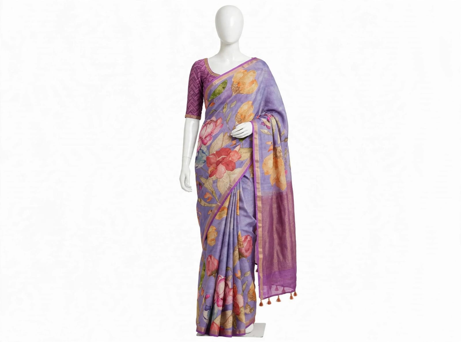 Lavender Cotton Silk Tissue Saree with Watercolor Floral Prints and Tassels