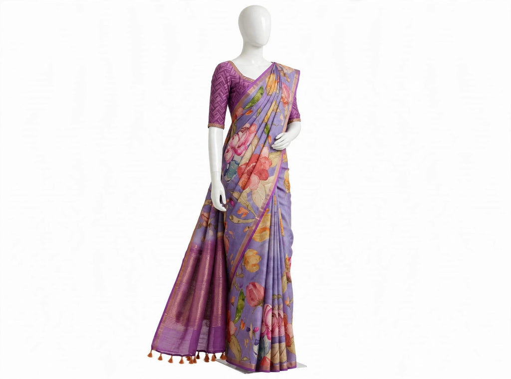 Lavender Cotton Silk Tissue Saree with Watercolor Floral Prints and Tassels