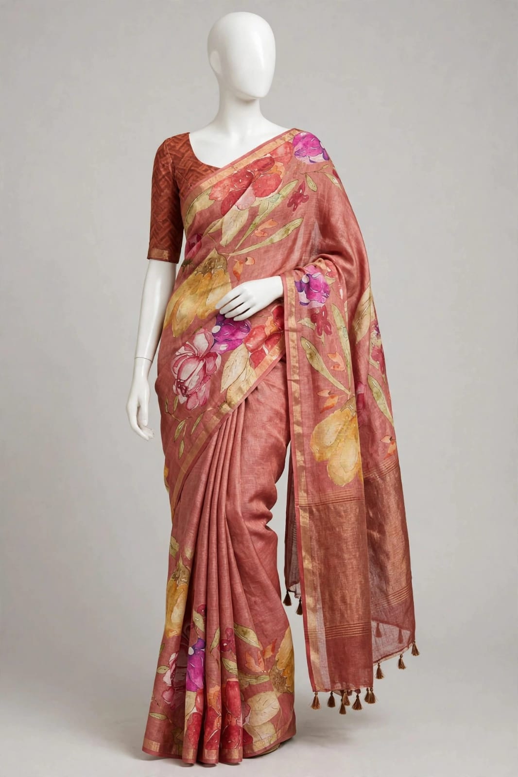Dusty Rose Cotton Silk Tissue Saree with Watercolor Floral Prints and Tassels
