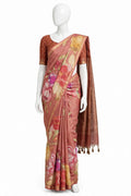 Dusty Rose Cotton Silk Tissue Saree with Watercolor Floral Prints and Tassels