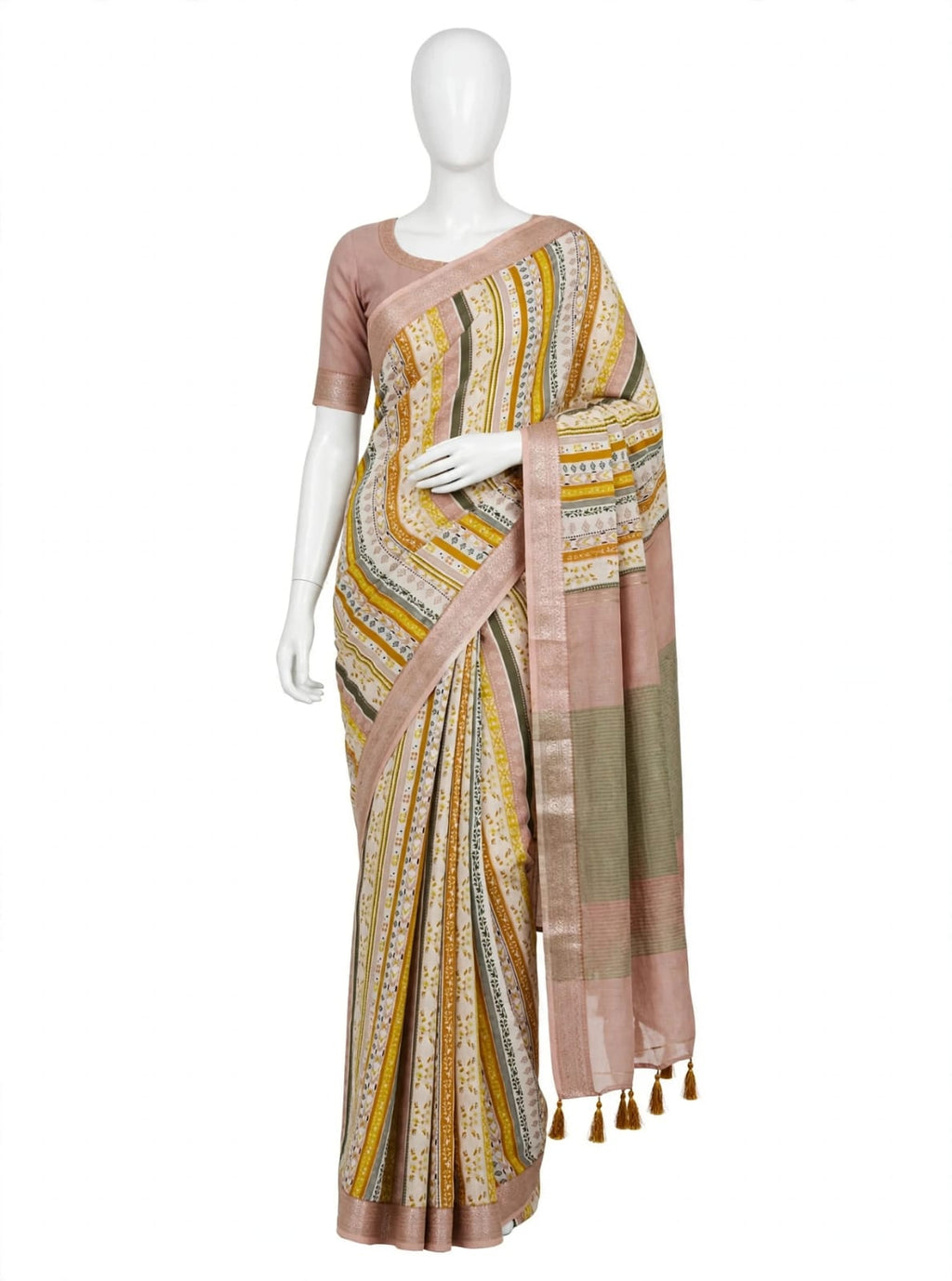 Dusty Rose & Ivory Cotton Silk Screen Printed Saree with Matching Blouse Piece