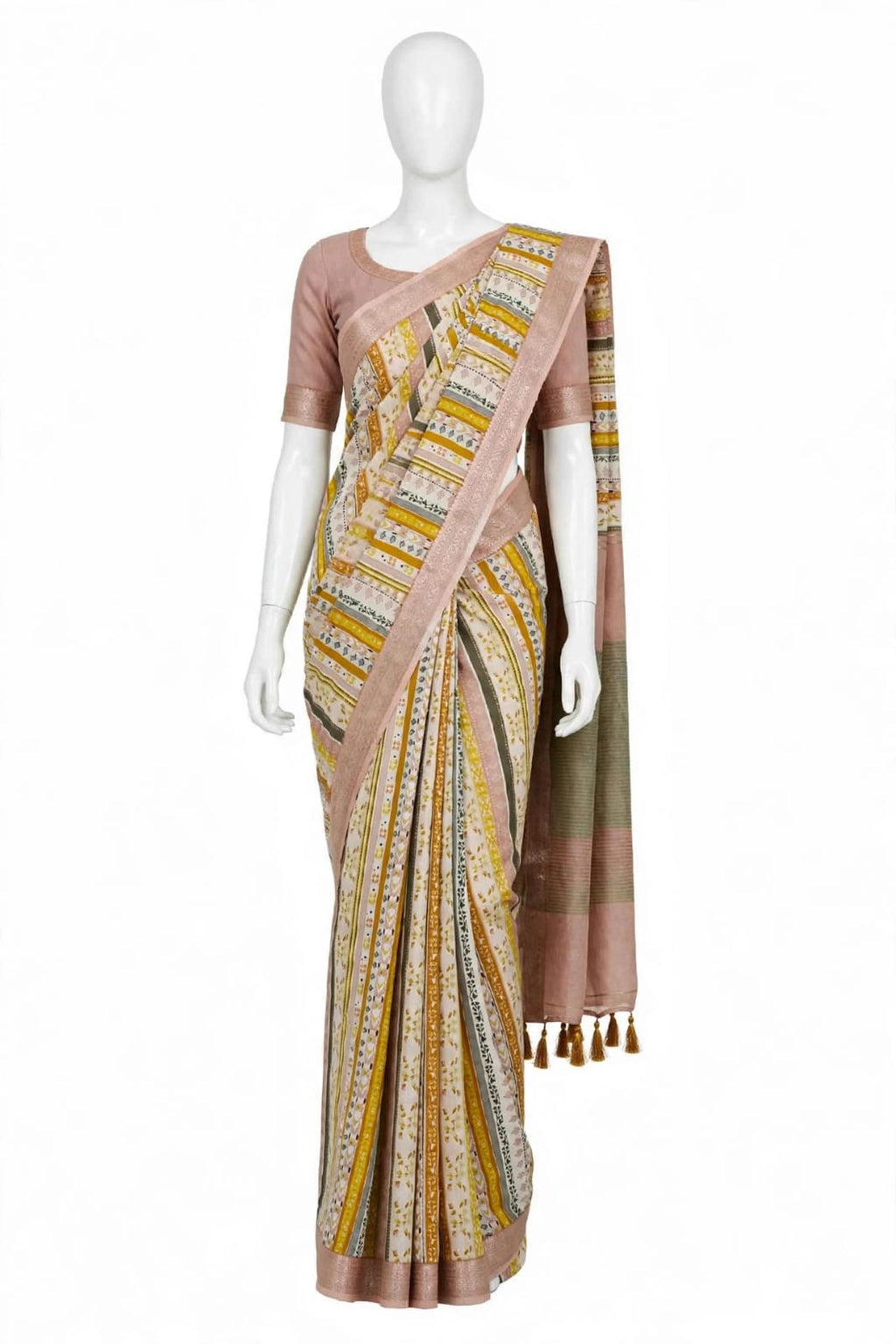 Dusty Rose & Ivory Cotton Silk Screen Printed Saree with Matching Blouse Piece