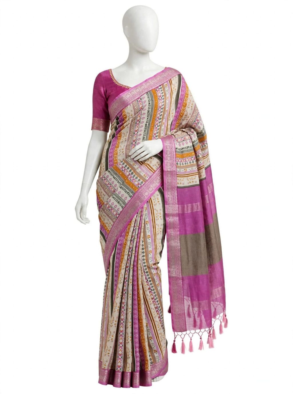 Rani Pink & Ivory Cotton Silk Screen Printed Saree with Matching Blouse Piece