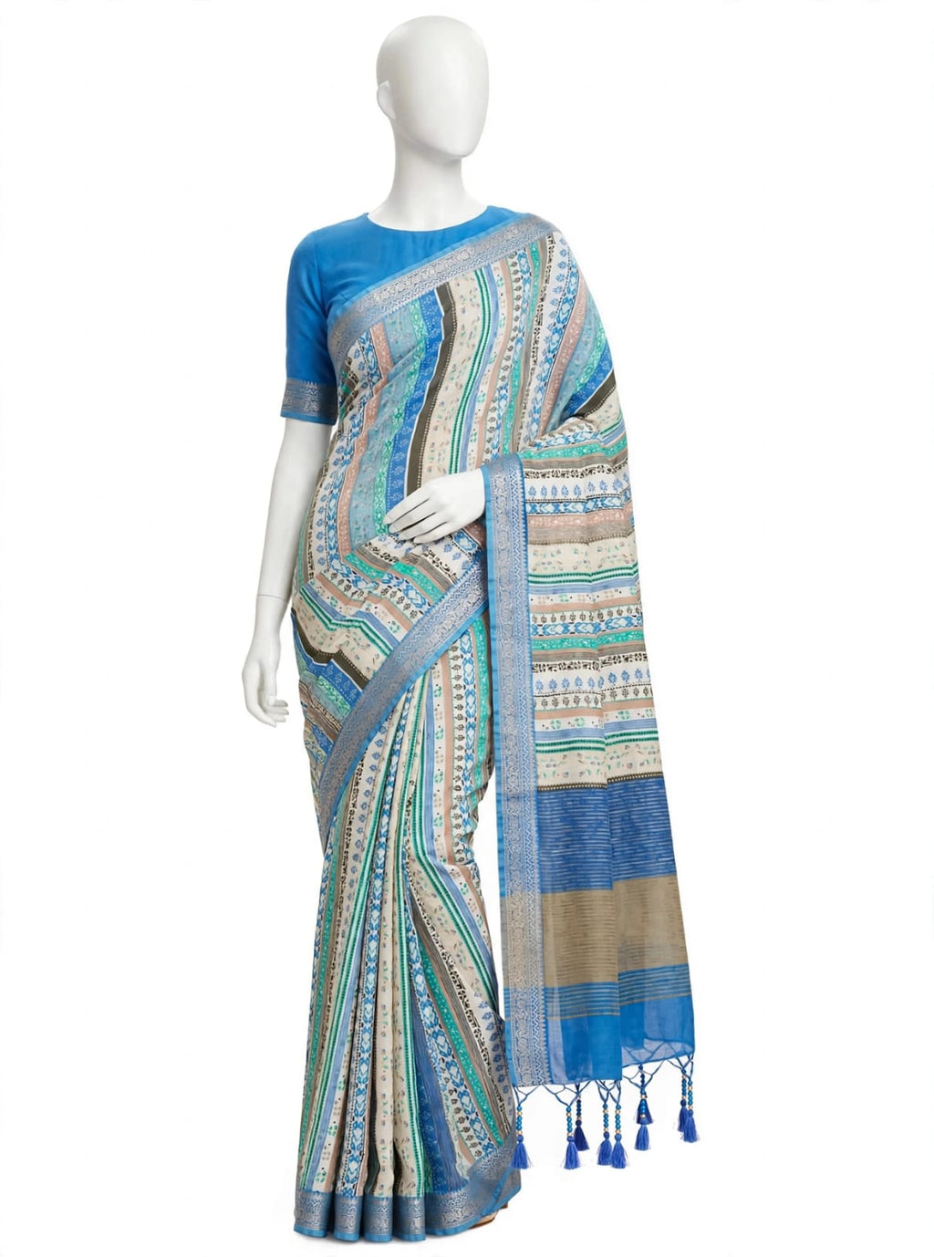 Serene Blue & Ivory Cotton Silk Screen Printed Saree with Matching Blouse Piece