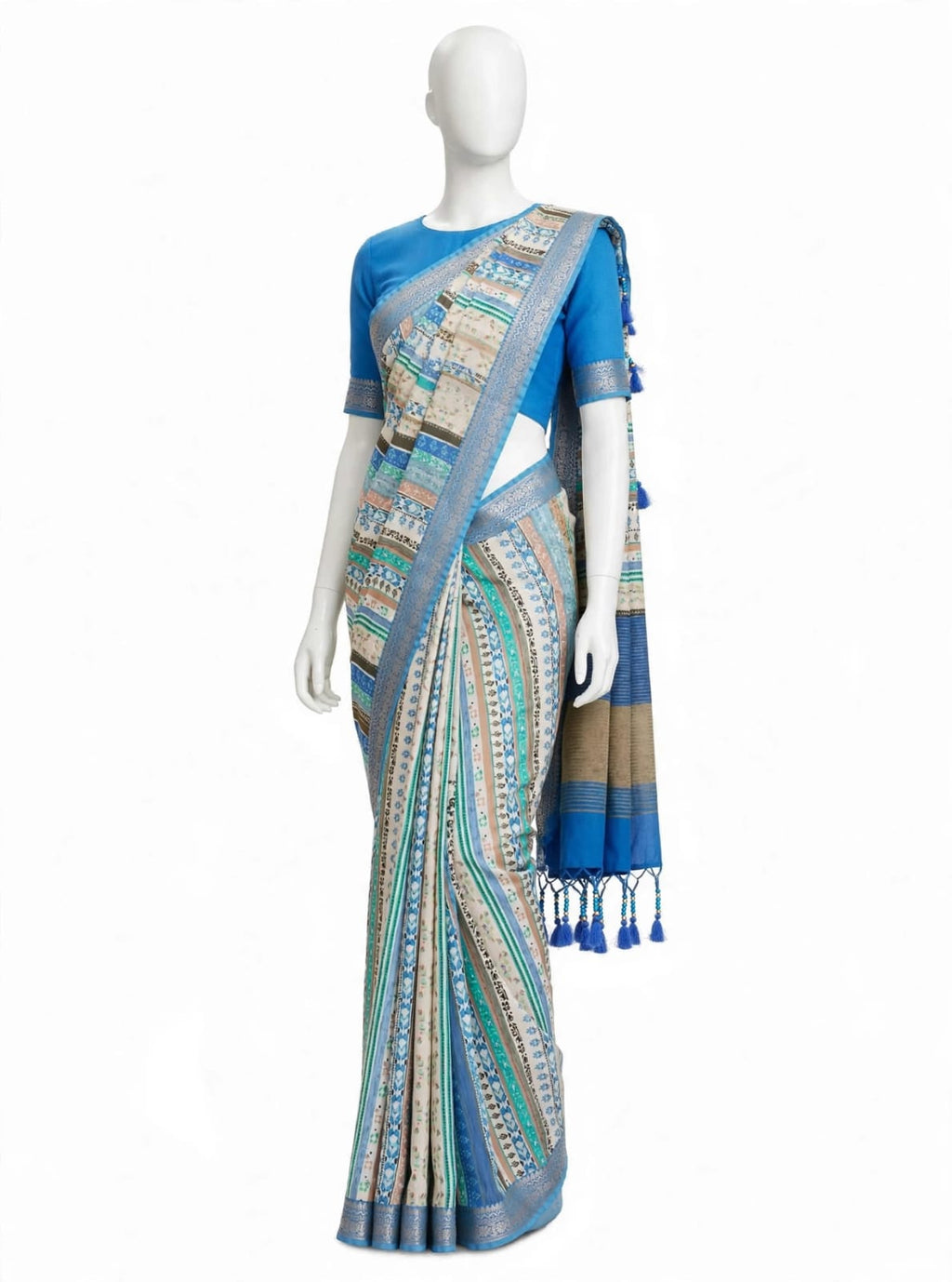Serene Blue & Ivory Cotton Silk Screen Printed Saree with Matching Blouse Piece