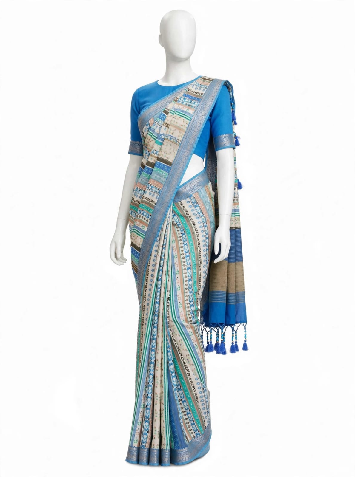 Serene Blue & Ivory Cotton Silk Screen Printed Saree with Matching Blouse Piece