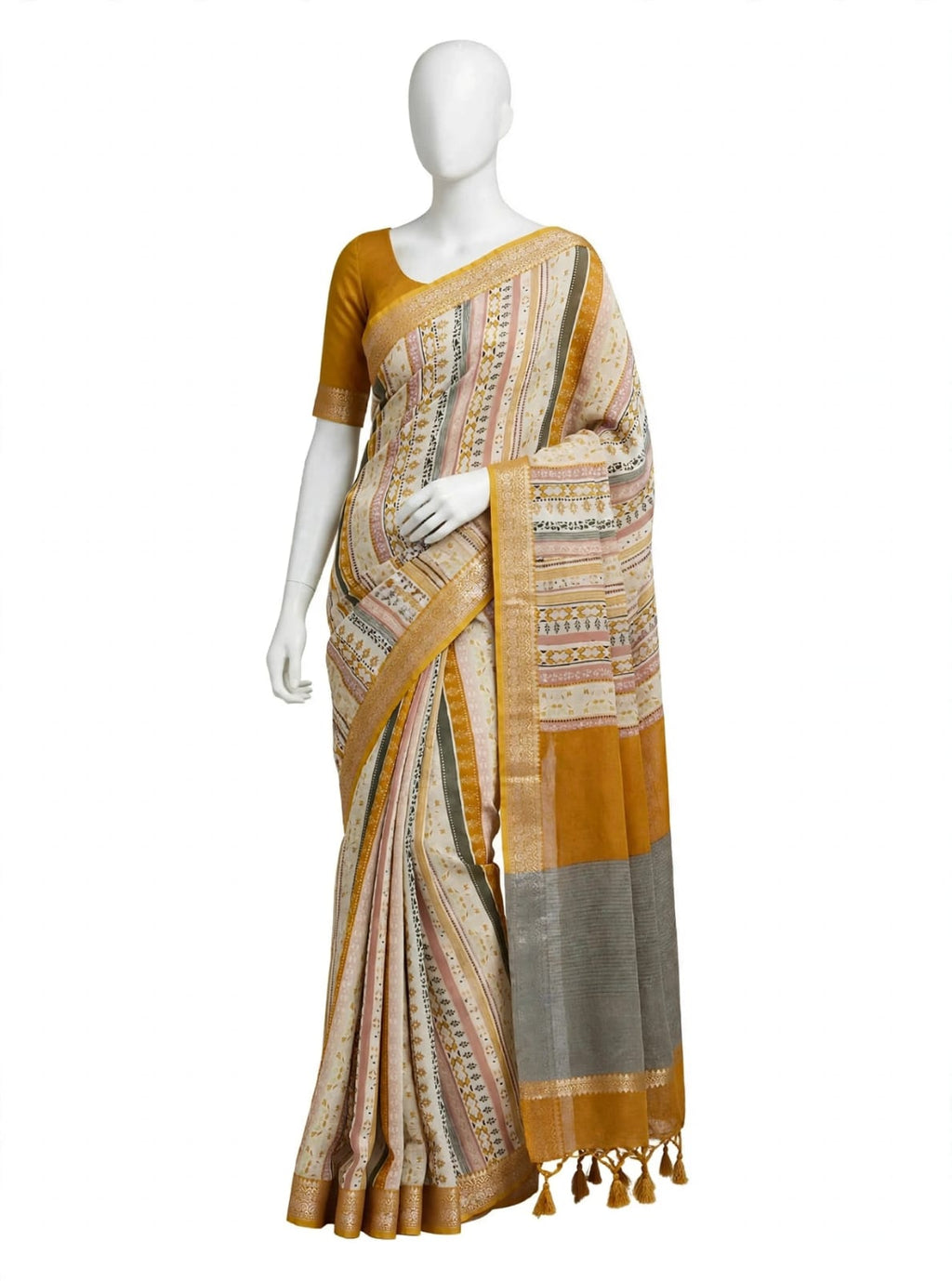 Earthy Mustard & Ivory Cotton Silk Screen Printed Saree with Unstitched Blouse Piece