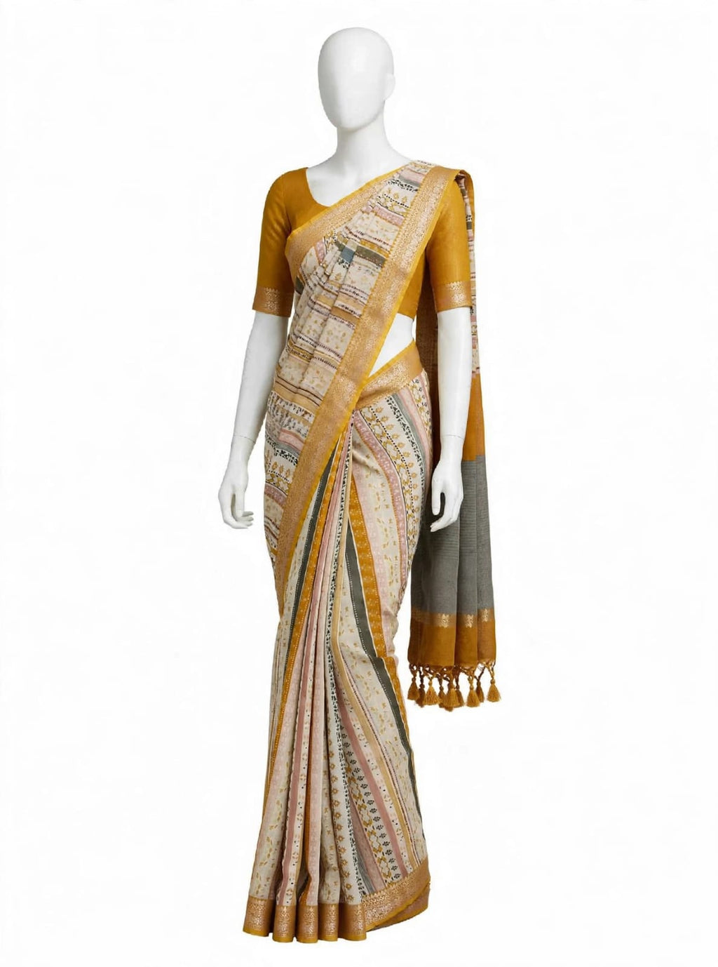Earthy Mustard & Ivory Cotton Silk Screen Printed Saree with Unstitched Blouse Piece