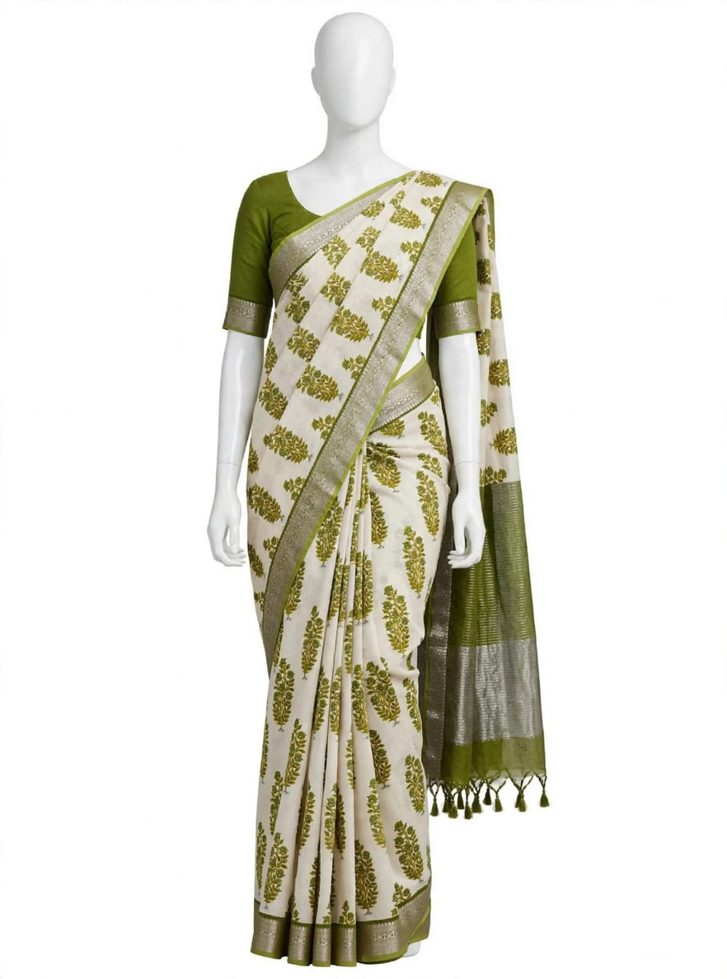 Ivory & Olive Green Cotton Silk Screen-Printed Saree with Unstitched Blouse