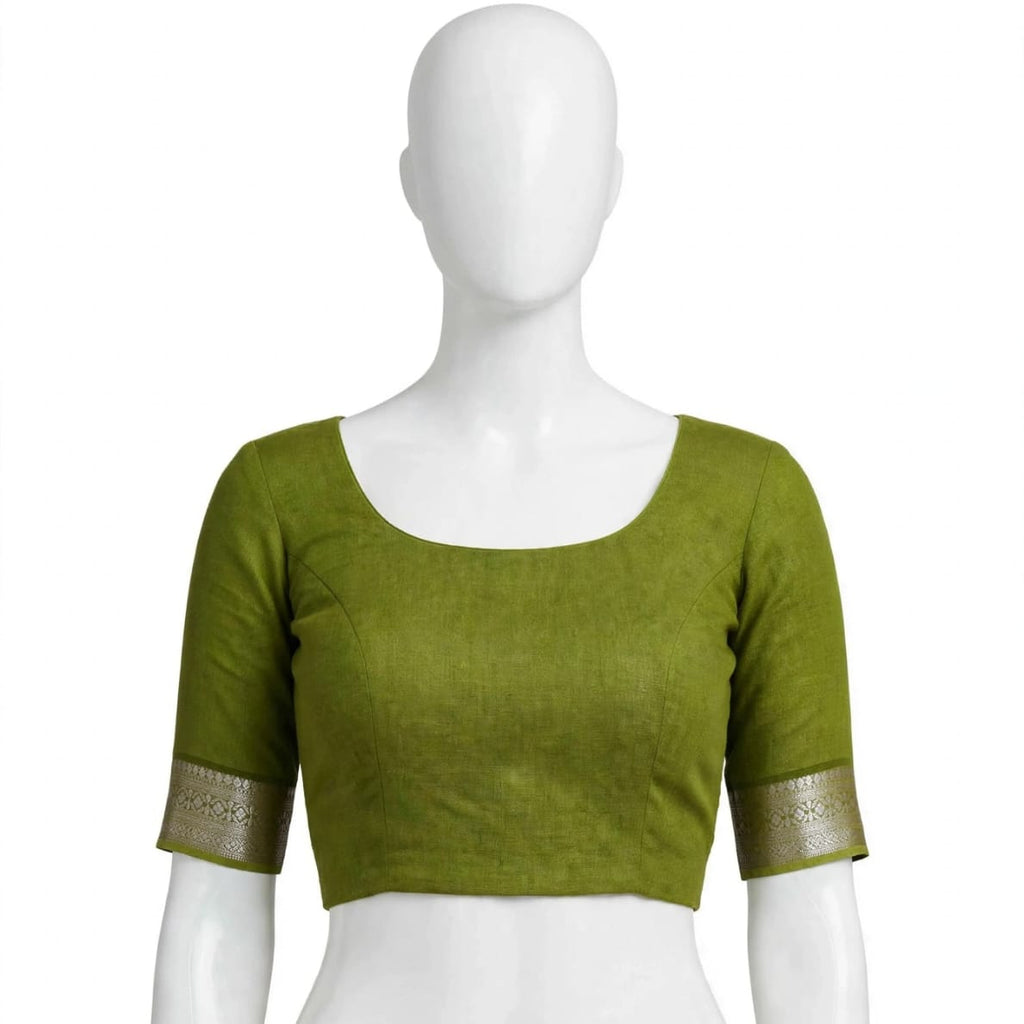 Ivory & Olive Green Cotton Silk Screen-Printed Saree with Unstitched Blouse