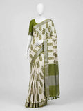 Ivory & Olive Green Cotton Silk Screen-Printed Saree with Unstitched Blouse