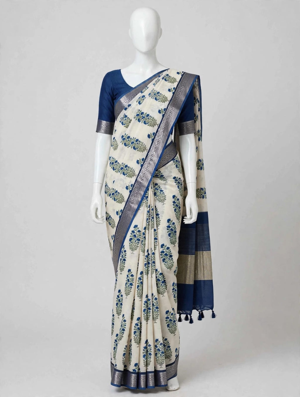 Ivory & Royal Blue Cotton Silk Screen-Printed Saree with Unstitched Blouse