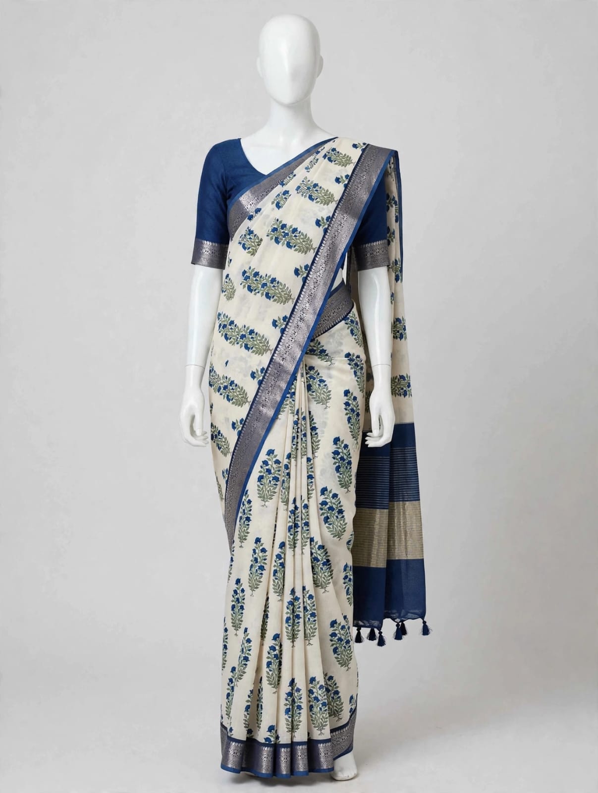 Ivory & Royal Blue Cotton Silk Screen-Printed Saree with Unstitched Blouse
