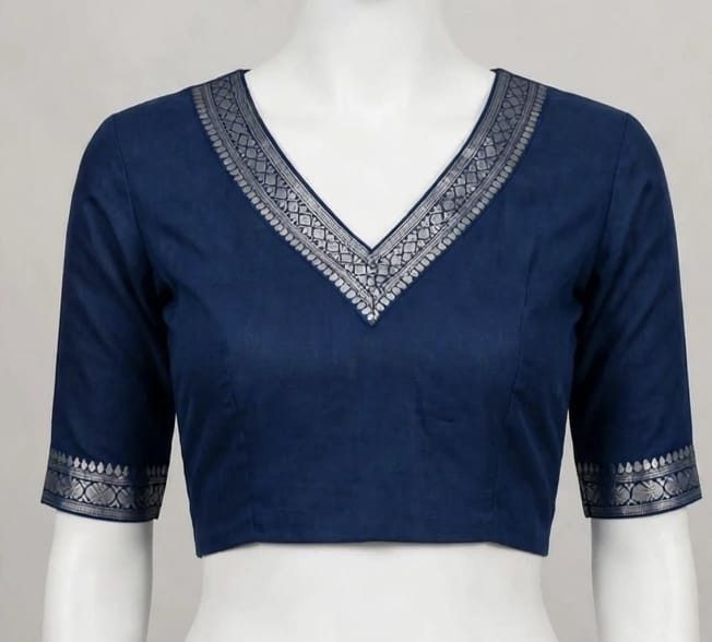 Ivory & Royal Blue Cotton Silk Screen-Printed Saree with Unstitched Blouse