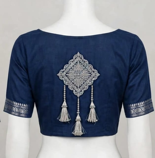 Ivory & Royal Blue Cotton Silk Screen-Printed Saree with Unstitched Blouse