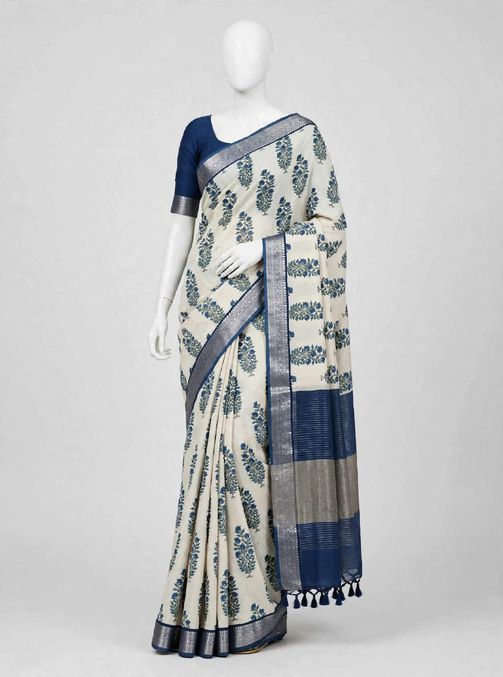 Ivory & Royal Blue Cotton Silk Screen-Printed Saree with Unstitched Blouse