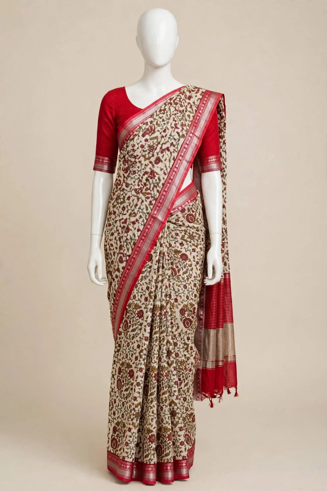 Crimson Red & Ivory Floral Cotton Silk Screen-Printed Saree with Unstitched Blouse Piece