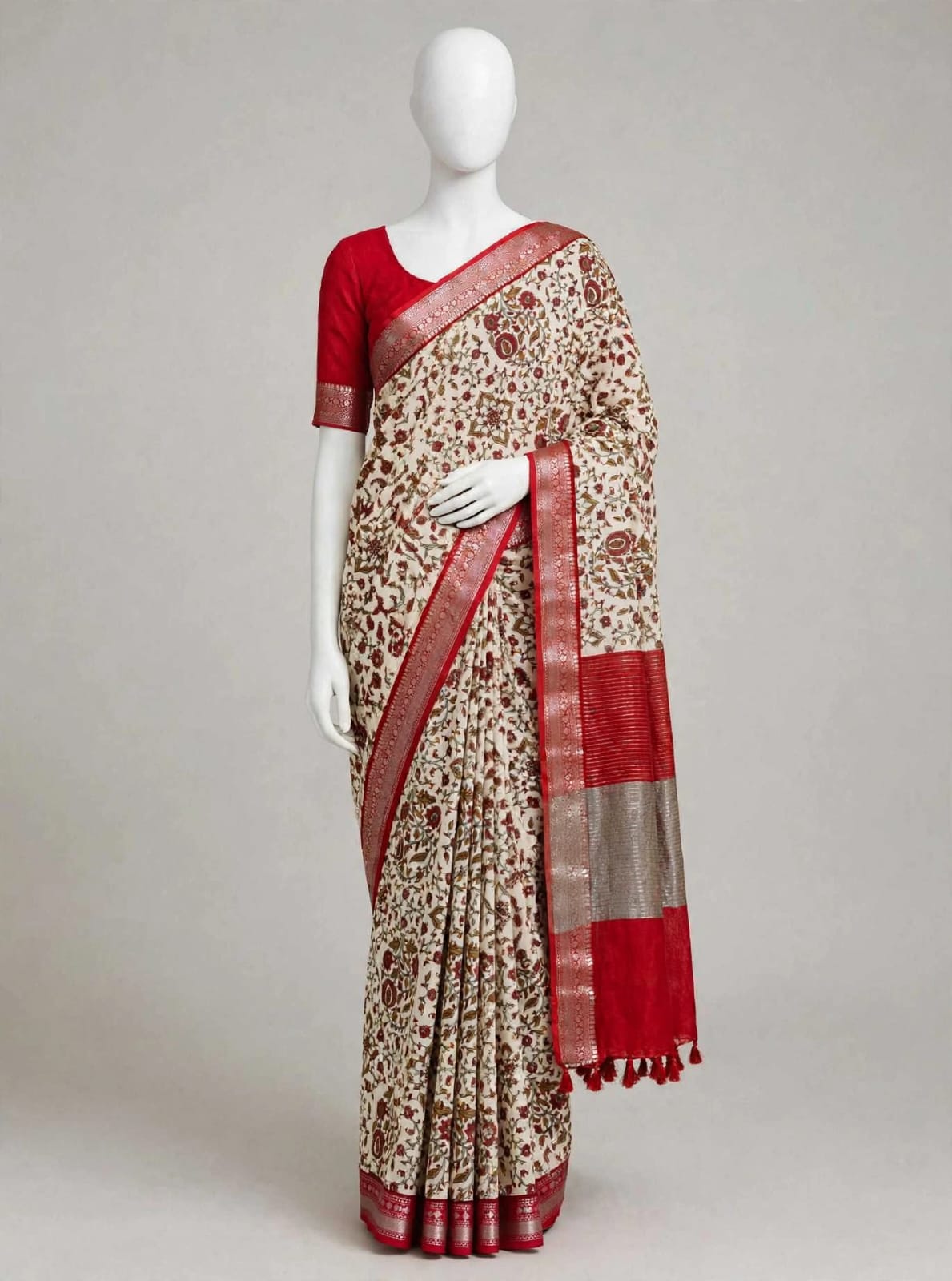 Crimson Red & Ivory Floral Cotton Silk Screen-Printed Saree with Unstitched Blouse Piece
