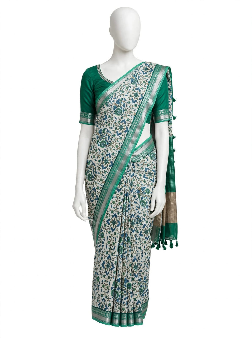 Emerald Green & Ivory Floral Cotton Silk Screen-Printed Saree with Unstitched Blouse Piece