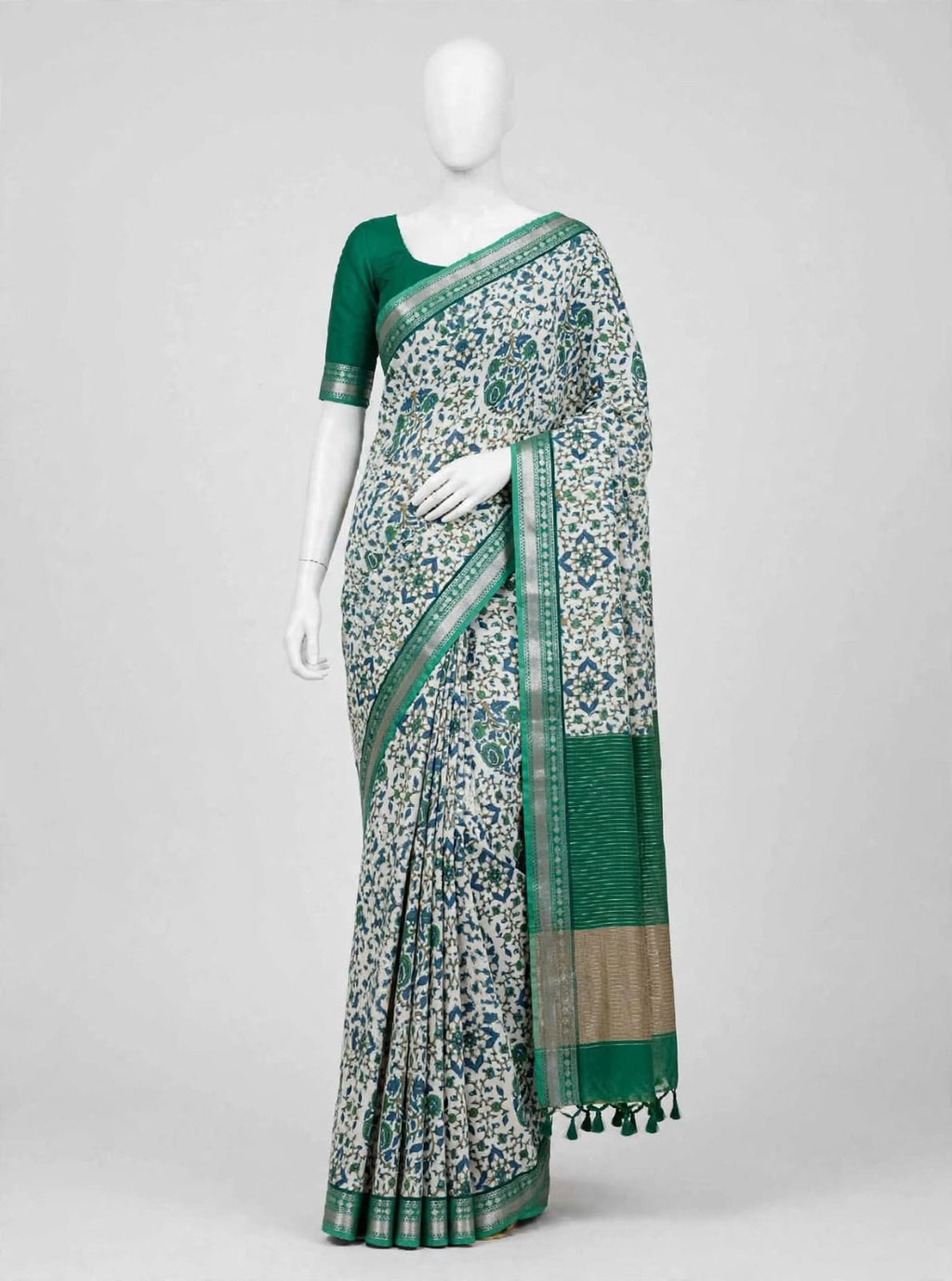 Emerald Green & Ivory Floral Cotton Silk Screen-Printed Saree with Unstitched Blouse Piece