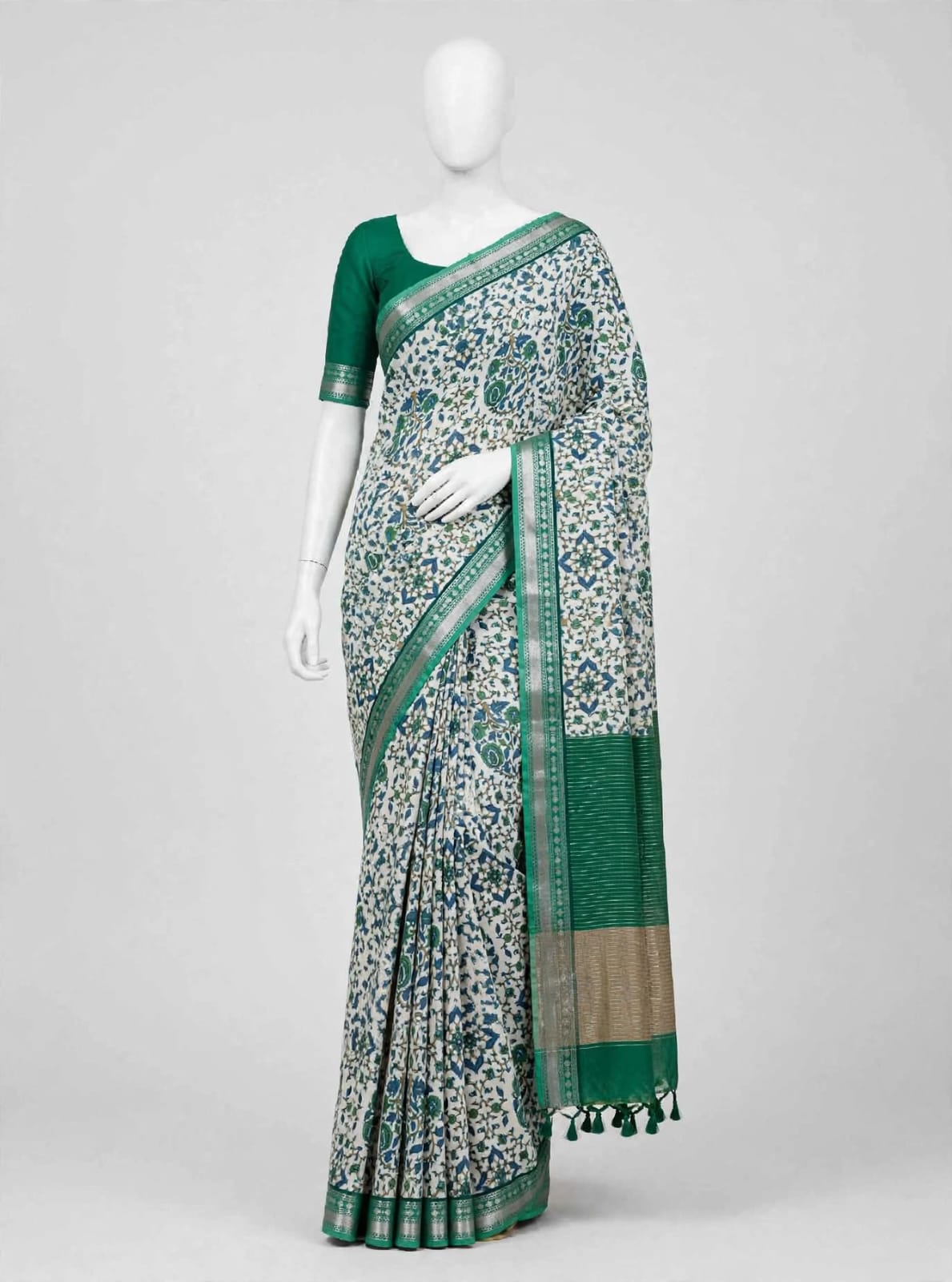 Emerald Green & Ivory Floral Cotton Silk Screen-Printed Saree with Unstitched Blouse Piece